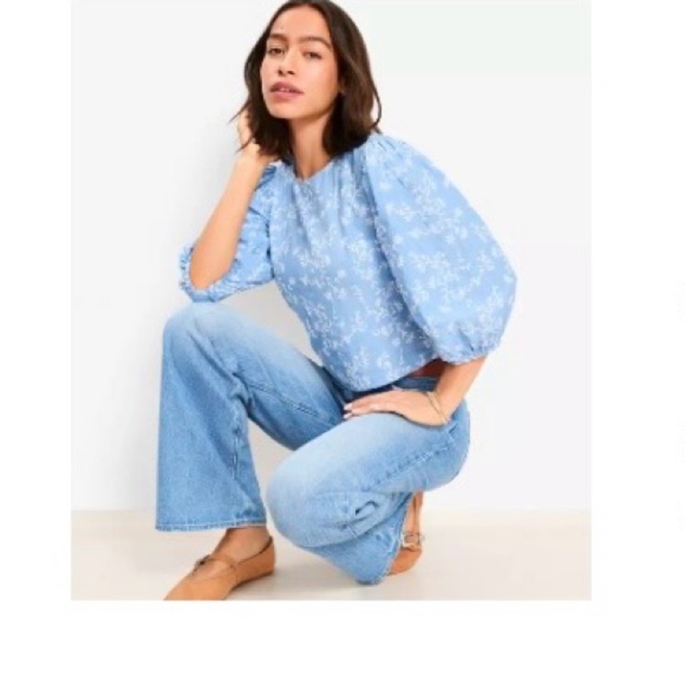 LOFT Light Blue Floral Puff-Sleeve Blouse